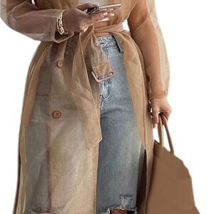 Sheer Tan Trench Coat with Denim Skirt